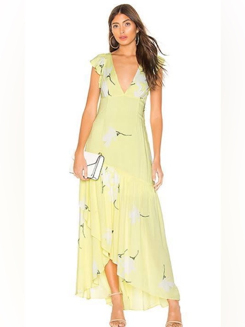Free People “She’s a Waterfall” Maxi Dress in Lemon Ice Yellow Floral Open Back
